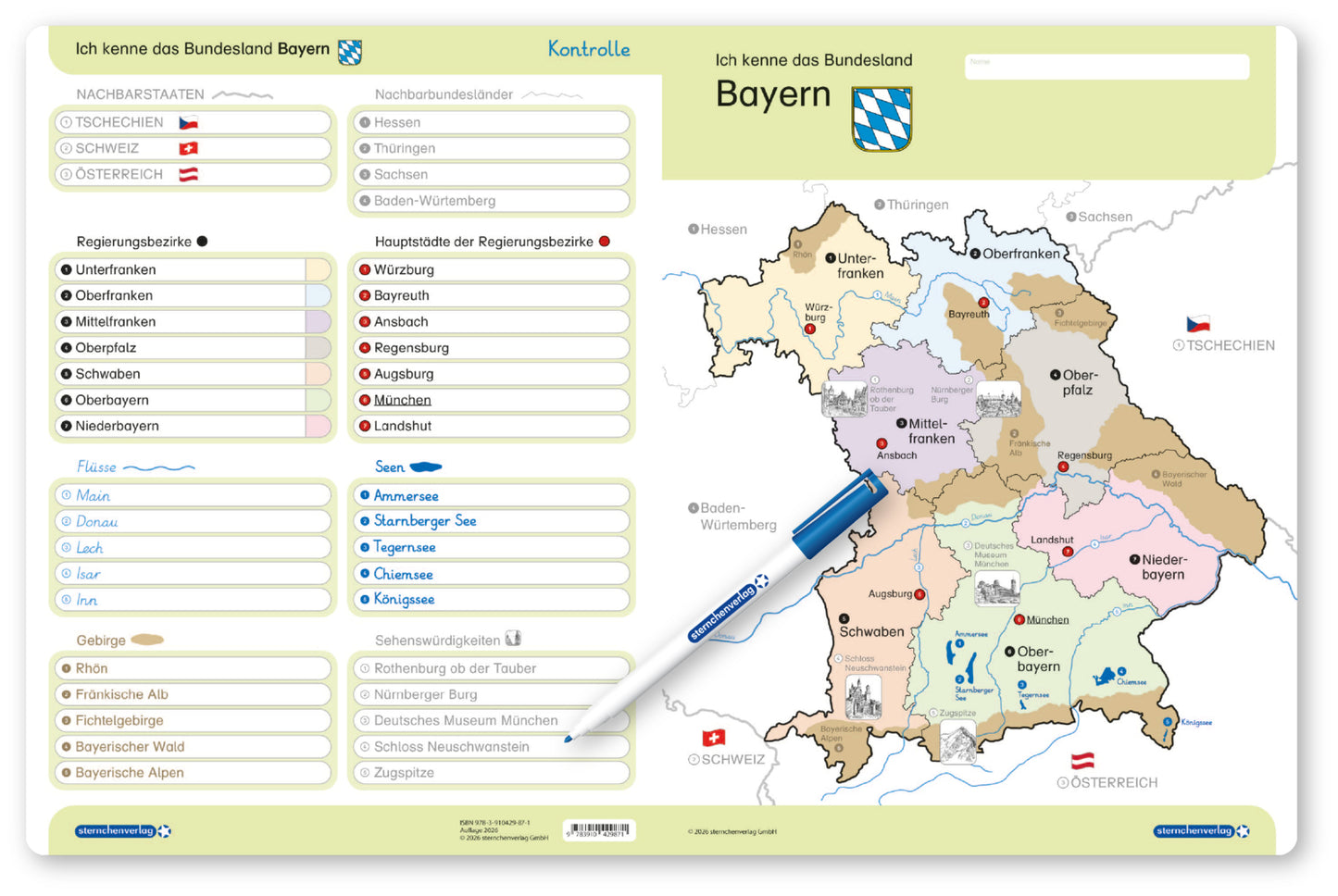 Ich kenne das Bundesland Bayern- Lerntafel mit Stift (Sternchenverlag Gmbh)