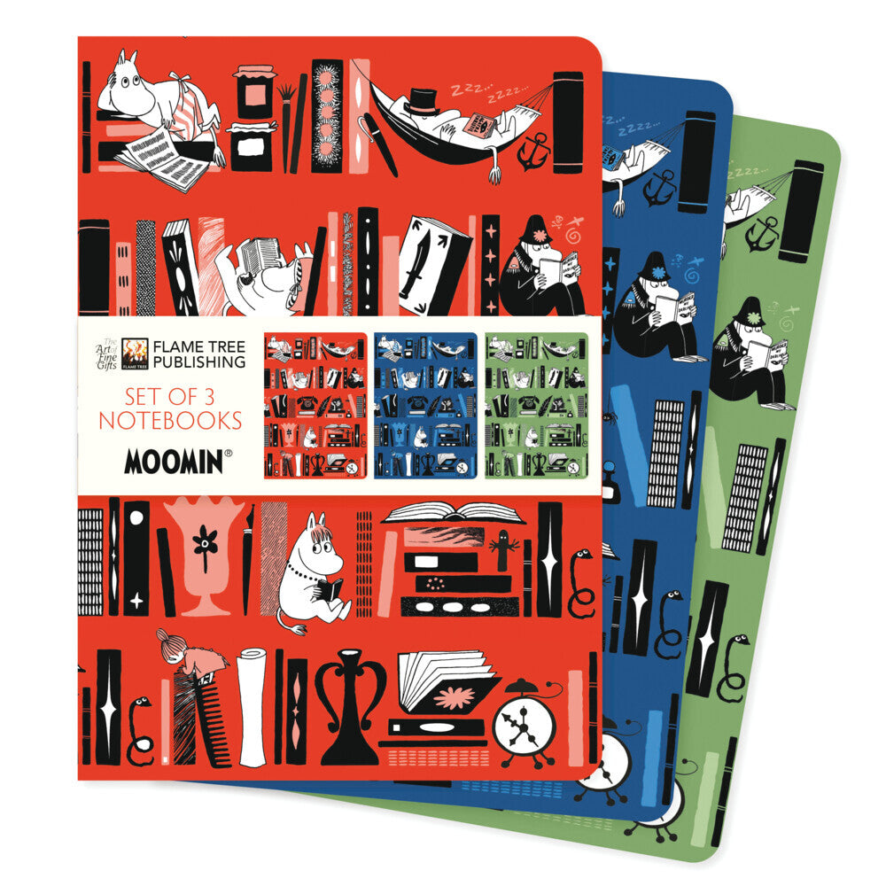 Dreier Set DIN-A5-Format-Notizbücher: Mumin Bücherregale (Flame Tree Publishing)