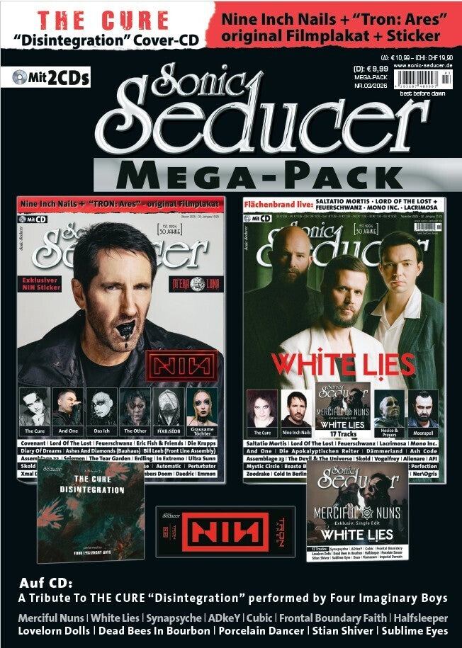 Sonic Seducer Mega Pack 03-2026 mit Ausgaben 10-2025 + 11-2025 2 CDs - Divine Art Kalender, Nine Inch Nails Poster und Sticker +THE CURE "Disintegration" Cover-CD + White Lies