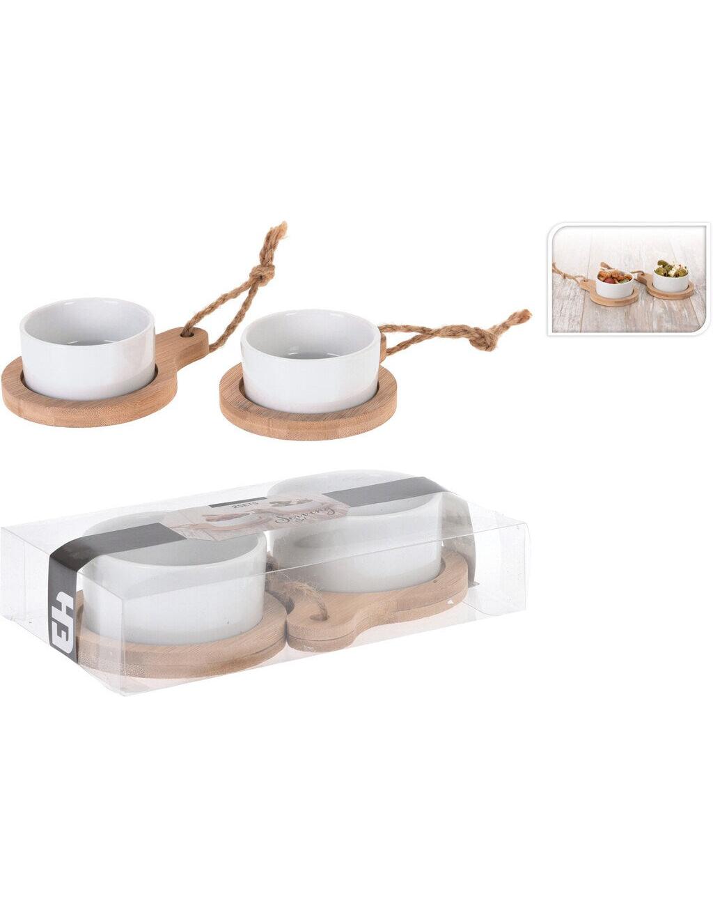 Servierset aus Holz mit 2 Porzellanschalen