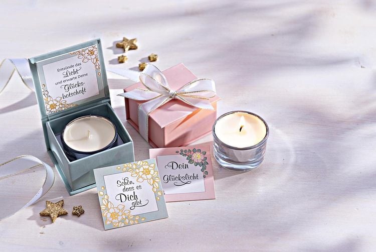 Geschenkset Teelichter mit Botschaft, 2er-Set