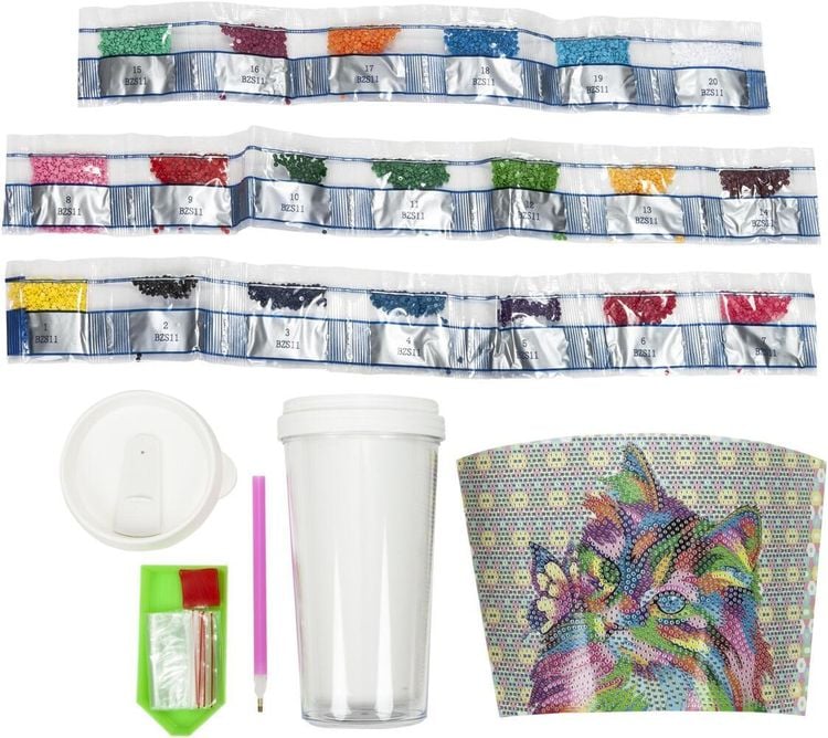 Diamond Painting DIY Bastelset Kaffeebecher (Ausführung: Bunte Katze) 470 ml