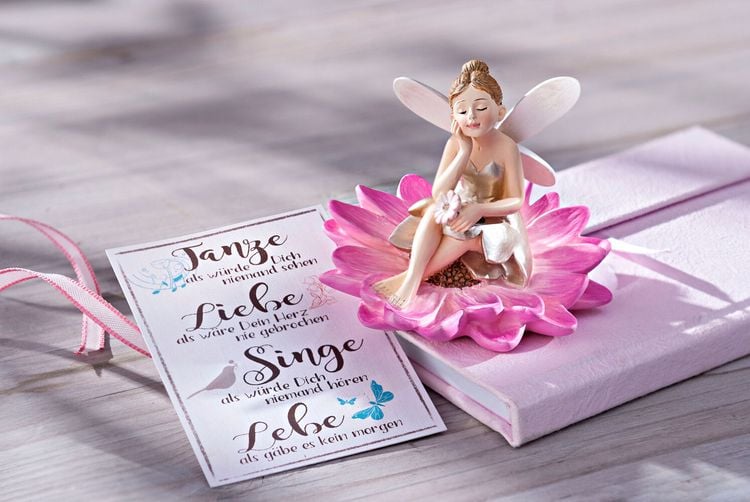 Geschenkset Dekofigur "Elfe auf Blüte" mit Grusskarte