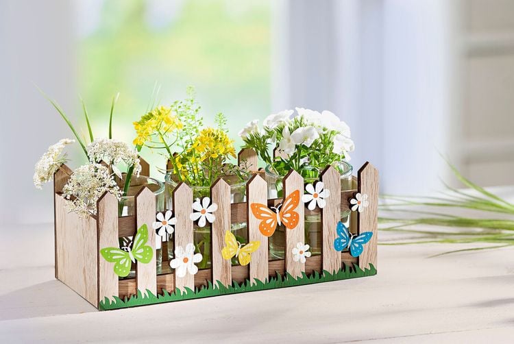 Holzdeko-Set mit 3 Glasvasen