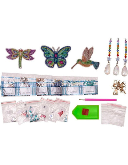 Diamond Painting Sonnenfänger "Libelle, Schmetterling, Kolibri" 3er-Set