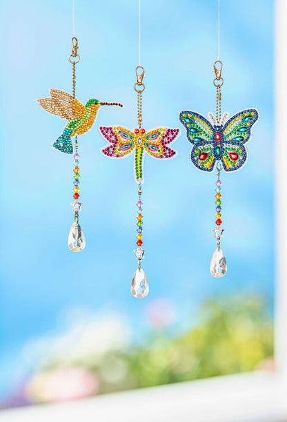 Diamond Painting Sonnenfänger "Libelle, Schmetterling, Kolibri" 3er-Set