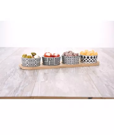 Excellent Houseware Bambustablett mit 4 Keramik Schalen