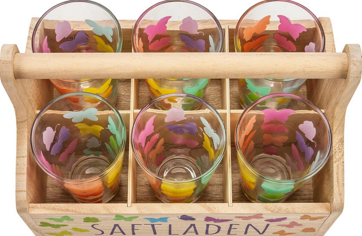 Gläser-Set "Saftladen" mit Holzträger