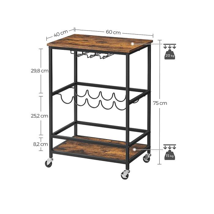Songmics Getränkewagen aus Stahl 82.5 x 45.5 cm - vintagebraun/scharz