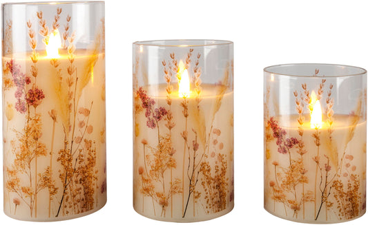 LED-Echtwachskerzen im Glas "Fiori" 3er-Set