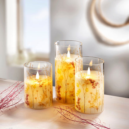 LED-Echtwachskerzen im Glas "Fiori" 3er-Set