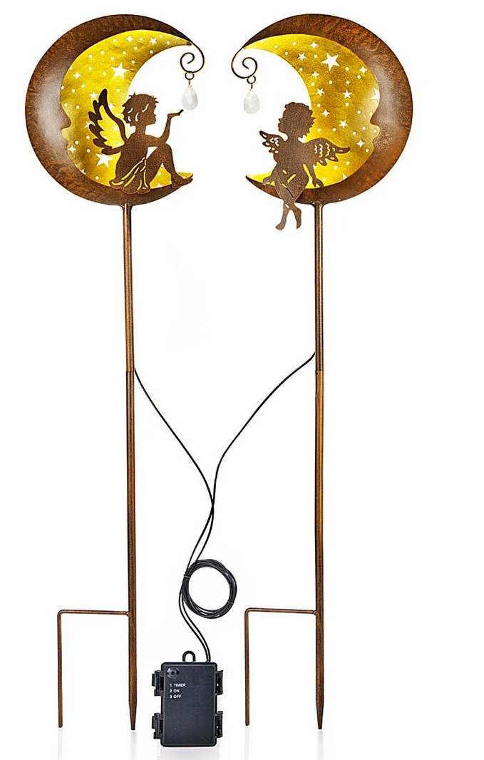 LED-Gartenstecker "Engel im Mond" 2er-Set