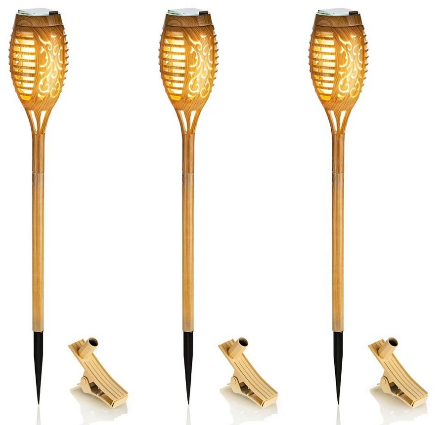 Solar-Gartenstecker "Bamboo Flame" mit Balkonhalterung, 3er-Set