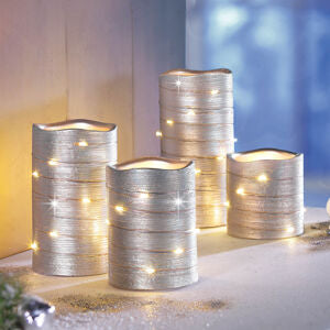 LED-Echtwachskerzen mit Lichterkette, silber, 4er-Set