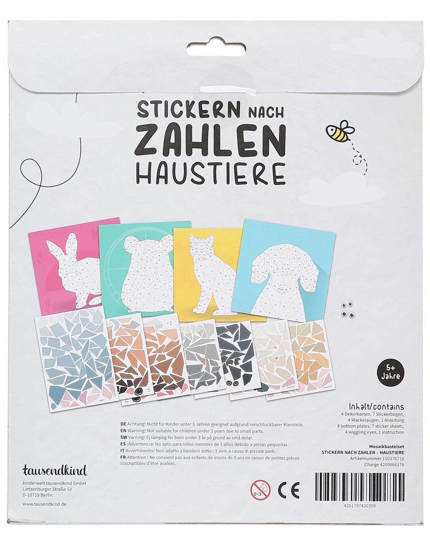 Mosaikbastelset STICKERN NACH ZAHLEN - HAUSTIERE 4-teilig