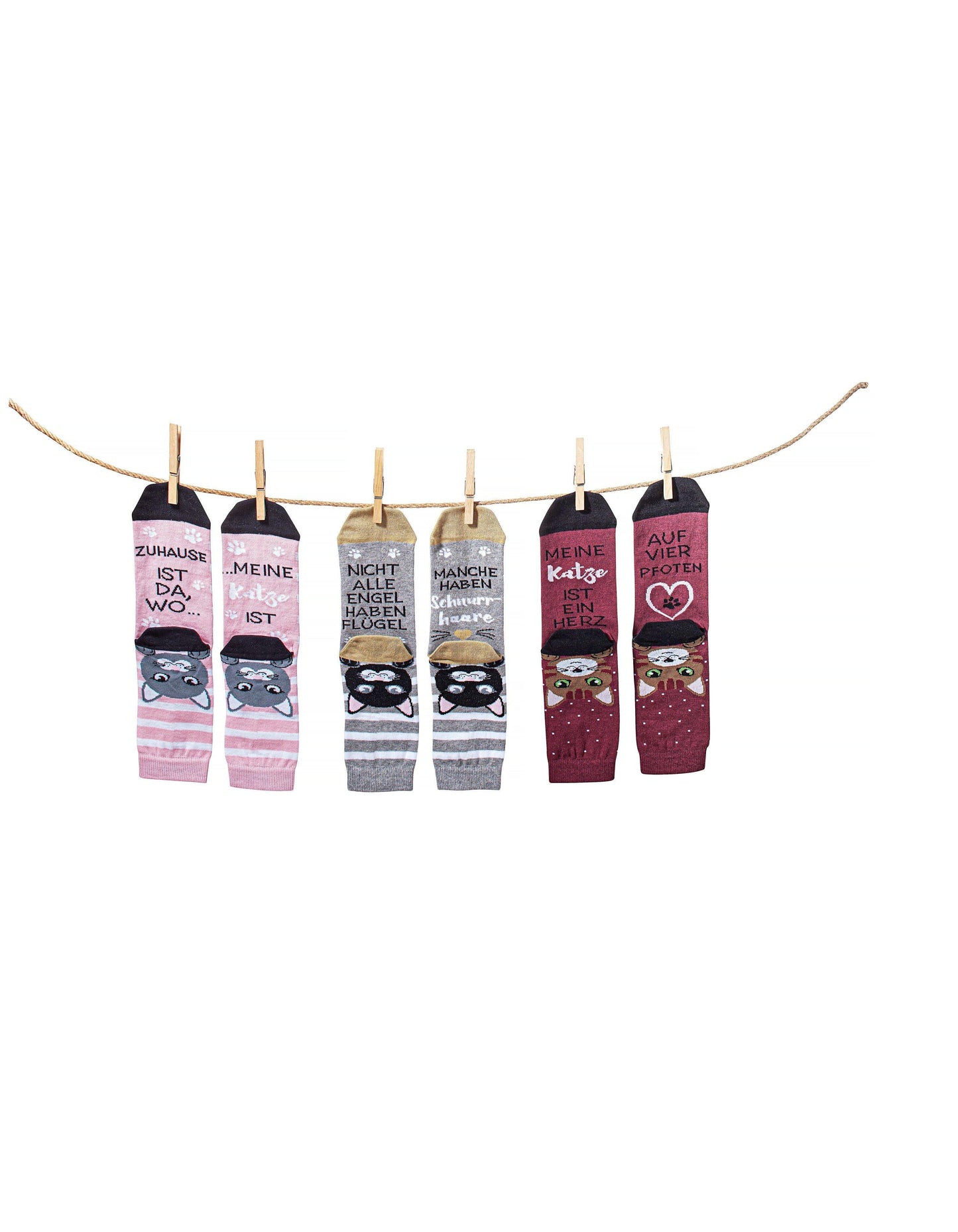 Katzensocken mit lustigen Sprüchen, 3er-Set