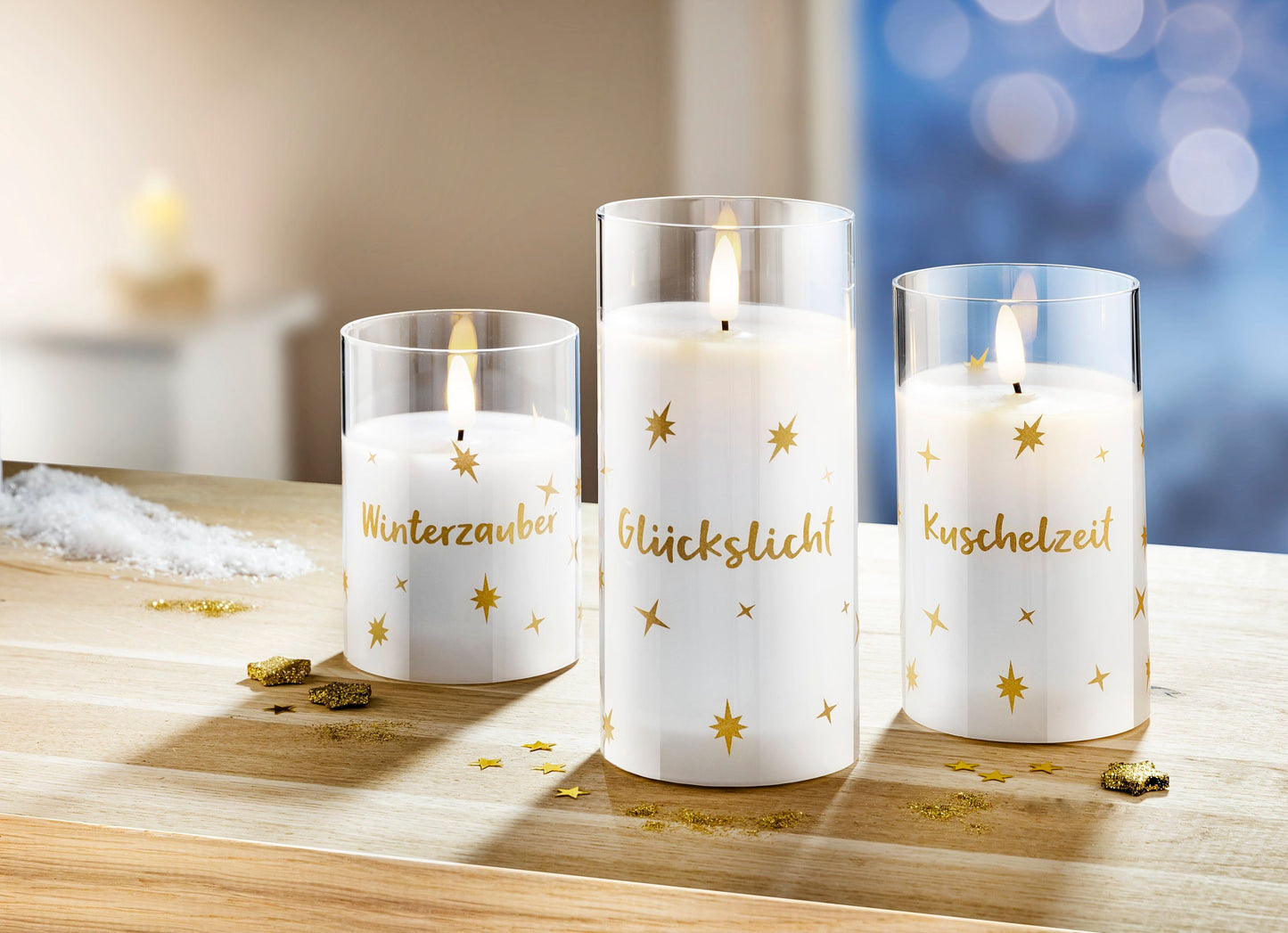 LED-Kerzen im Glas "Stars", 3er Set