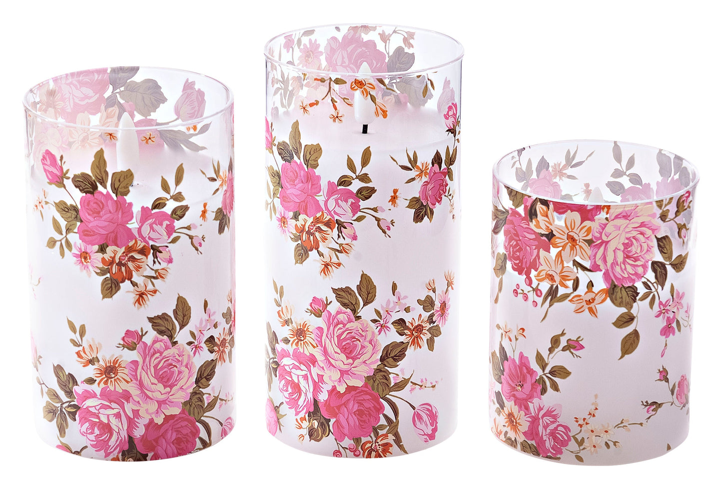 LED-Kerzen im Glas "Romantic Flowers" 3er-Set