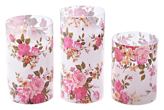LED-Kerzen im Glas "Romantic Flowers" 3er-Set