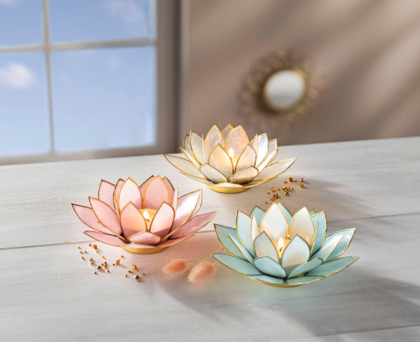 Teelichthalter "Lotus" aus Capiz, (Farbe: türkis)