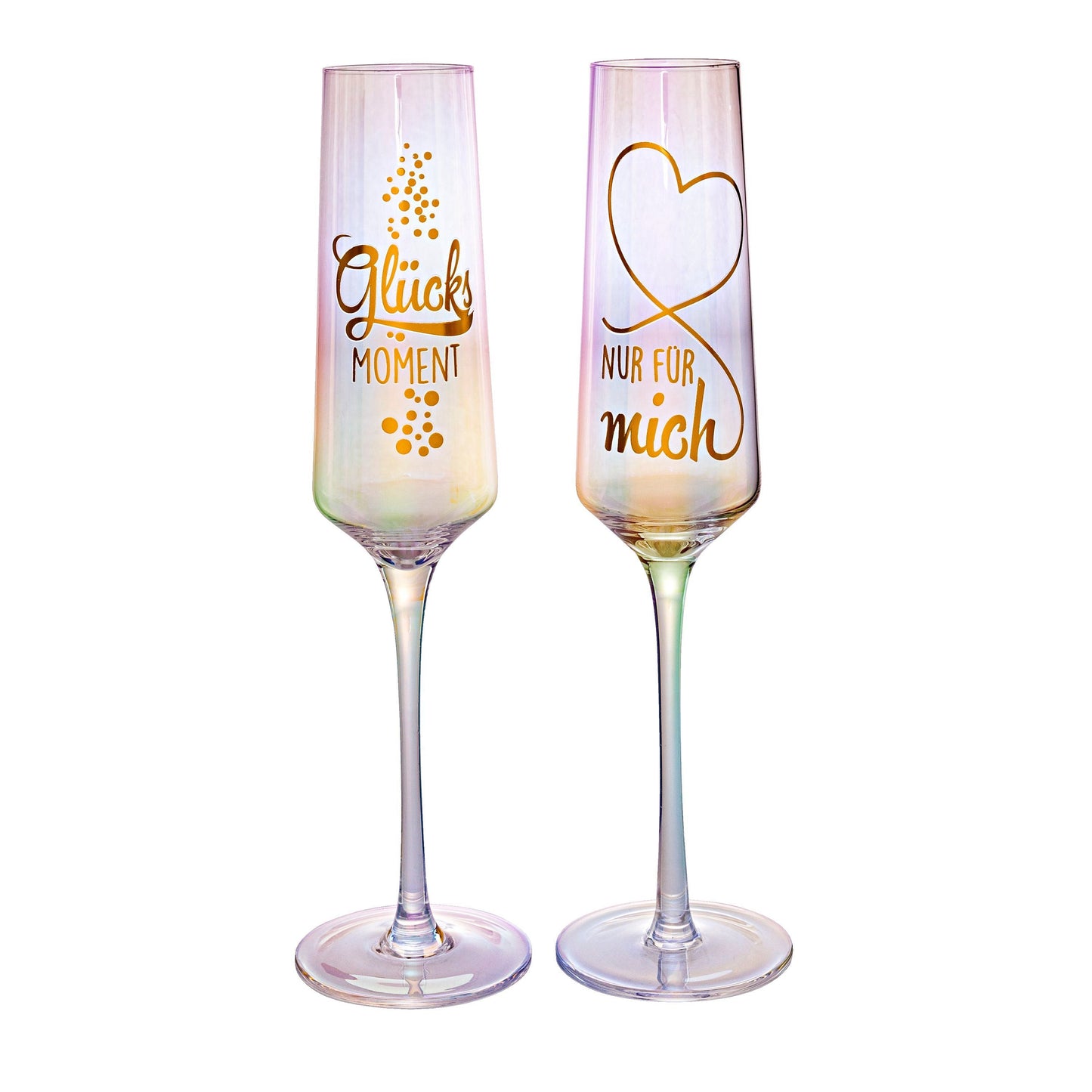 Sektglas mit Spruch, 2er-Set, irisierend