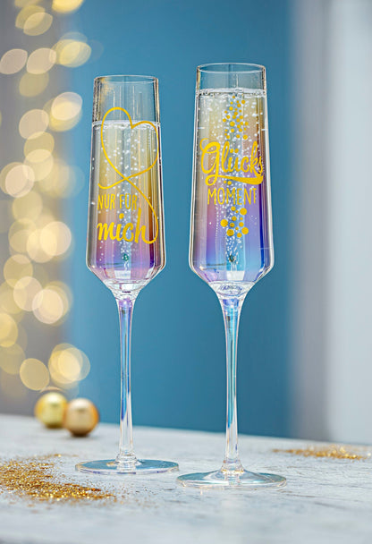 Sektglas mit Spruch, 2er-Set, irisierend