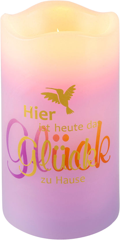 LED-Echtwachskerze "Glück zu Hause" mit Karte