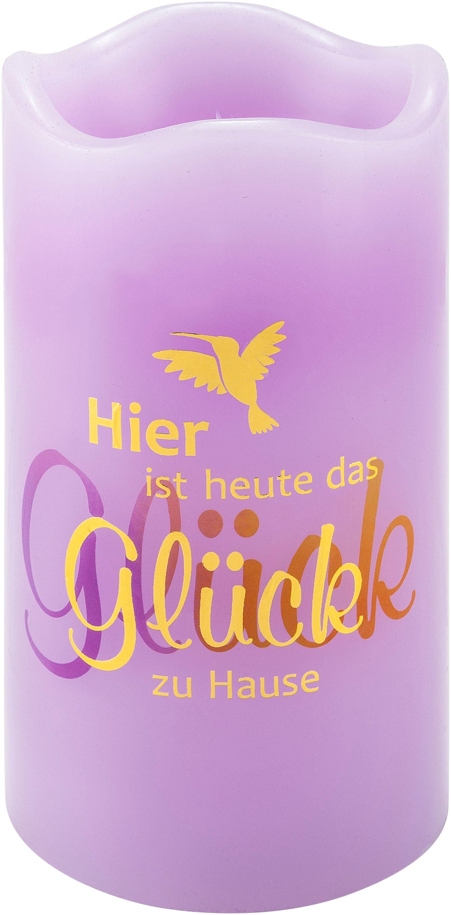 LED-Echtwachskerze "Glück zu Hause" mit Karte