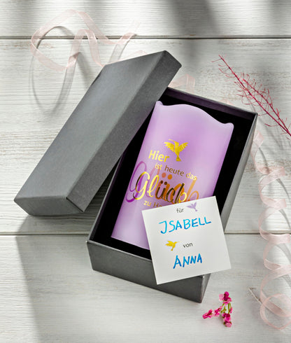 LED-Echtwachskerze "Glück zu Hause" mit Karte