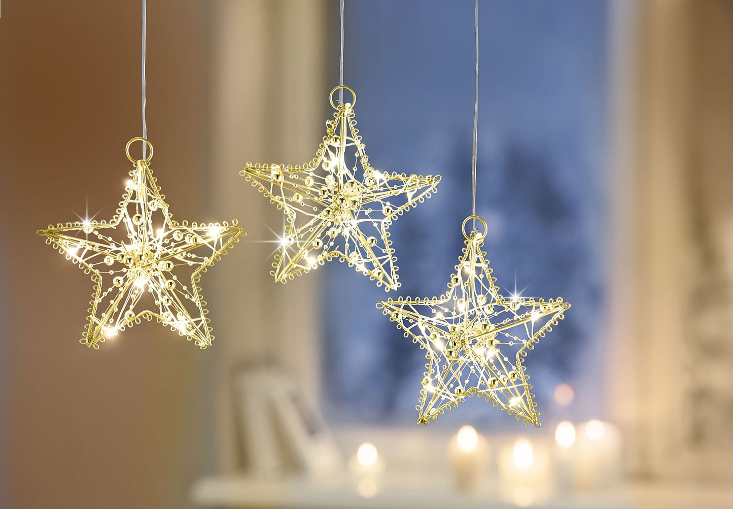LED-Hängedeko Sterne "Pearl" goldfarben, 3er-Set