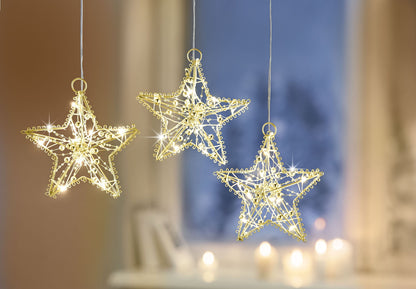 LED-Hängedeko Sterne "Pearl" goldfarben, 3er-Set