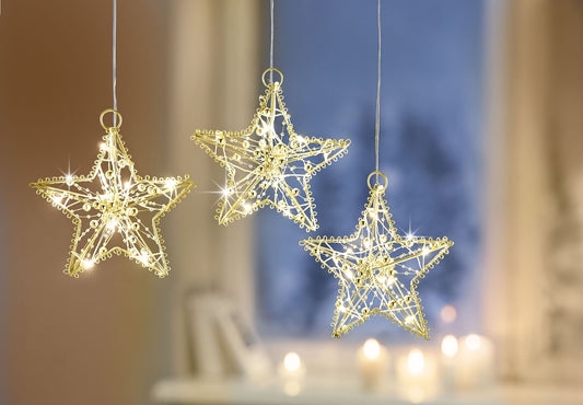 LED-Hängedeko Sterne "Pearl" goldfarben, 3er-Set