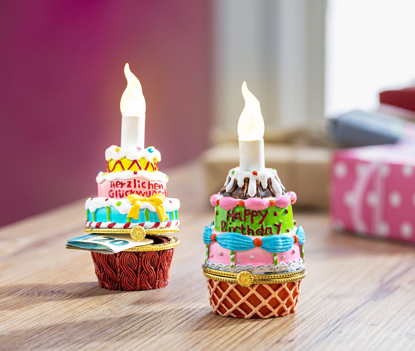 Geschenkdosen "Geburtstag" mit Licht + Sound, 2er-Set