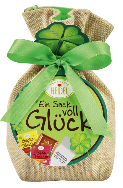 Glücks-Sack mit Edel-Schokolade mit Glücksbotschaften von Confiserie Heidel