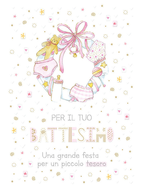 Biglietto Battesimo Rosa C/rilievo E Foil