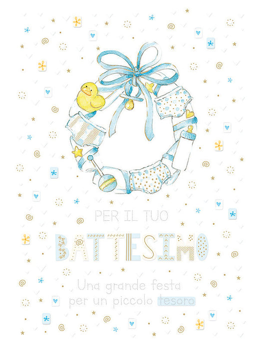 Biglietto Battesimo Azzurro C/rilievo E Foil