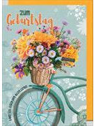 Doppelkarte. Zum Geburtstag Fahrrad mit Blumen