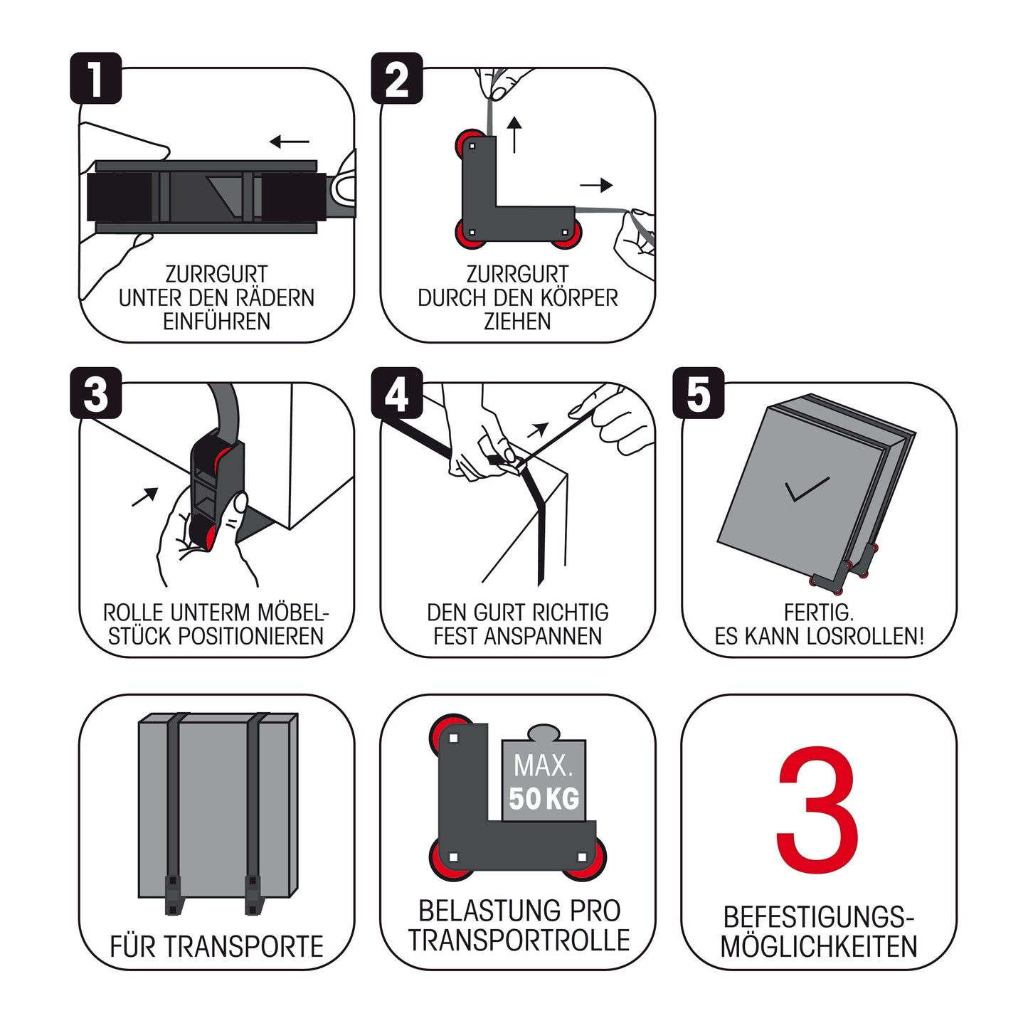 Rollyzberg Transportrollen 2er-Set (Farbe: schwarz) inkl. 2 Gurte