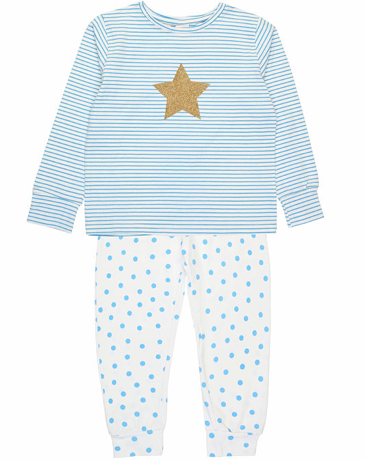 Schlafanzug GLITZER STERN lang in weiss/hellblau