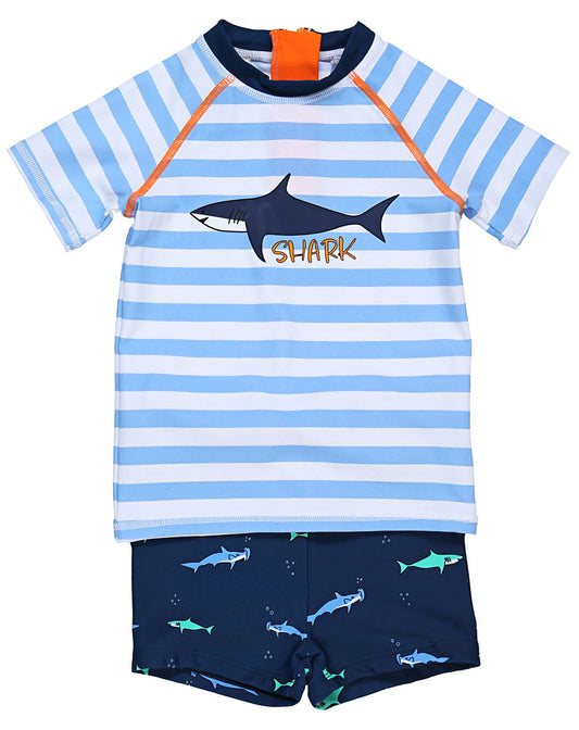 Schwimmshirt HAI mit Hose gestreift in hellblau/weiss