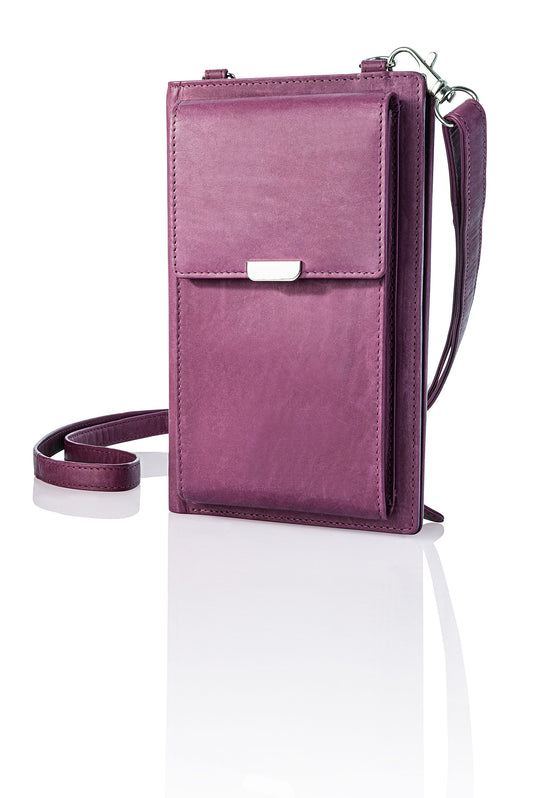 Handy-Umhängetasche mit Kartenfächern, Leder (Farbe: beere)