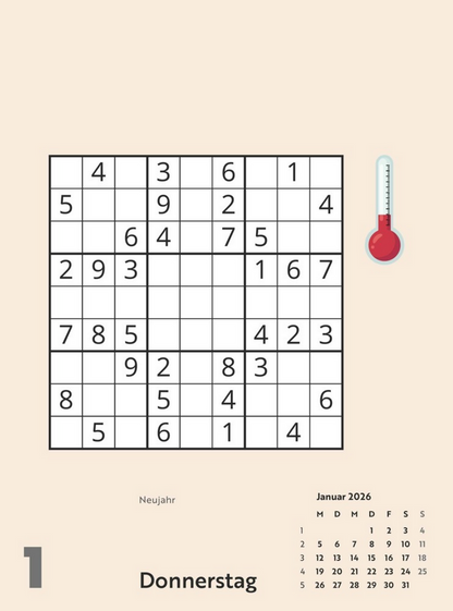 Tagesabreisskalender 2026 "Sudoku" (mittel bis schwierig, 12 x 16 cm)