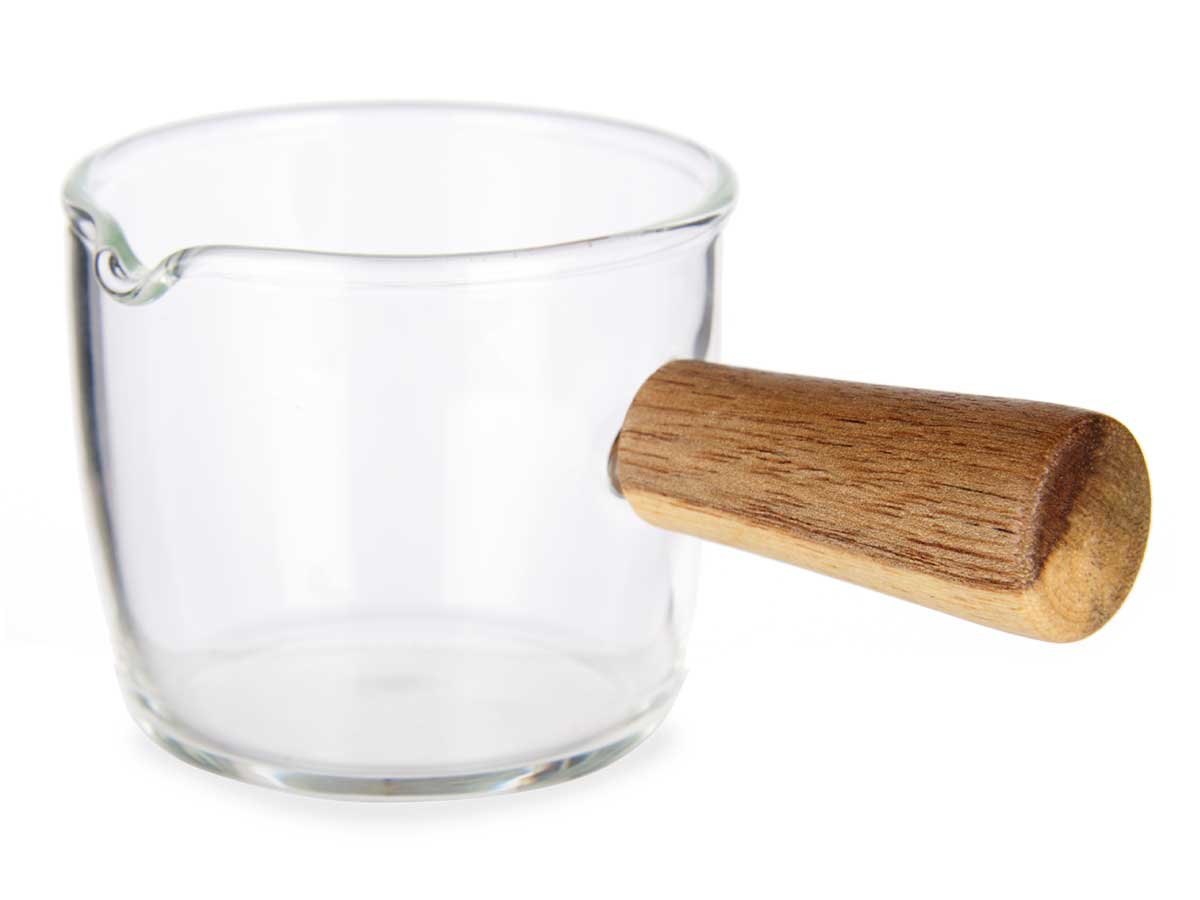 Kochtopf aus Borosilikatglas mit Holzgriff