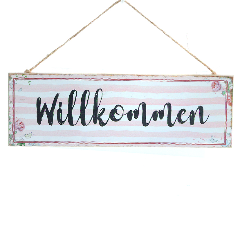 Schild "Willkommen" aus Holz im Landhausstil, mit Juteband, 30 x 10 cm, rosa
