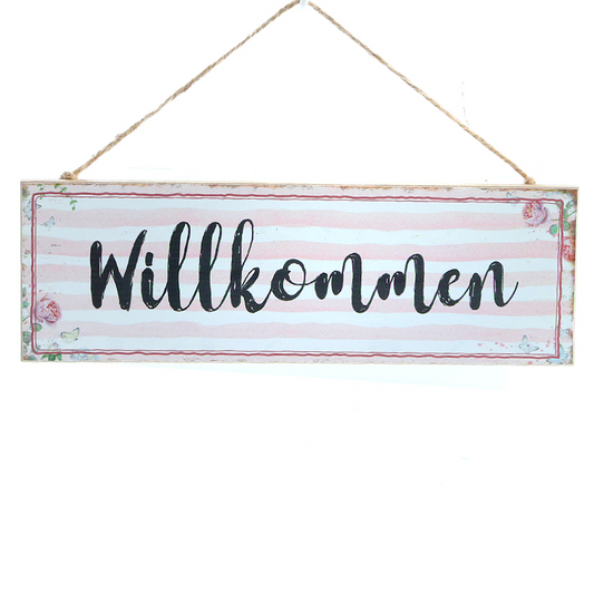 Schild "Willkommen" aus Holz im Landhausstil, mit Juteband, 30 x 10 cm, rosa