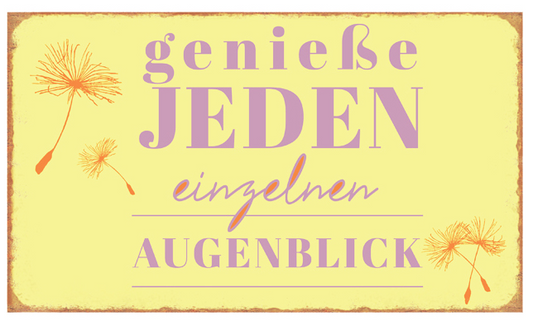 Blechschild "geniesse jeden einzelnen Augenblick", gelb-orange (24 x 14 cm)