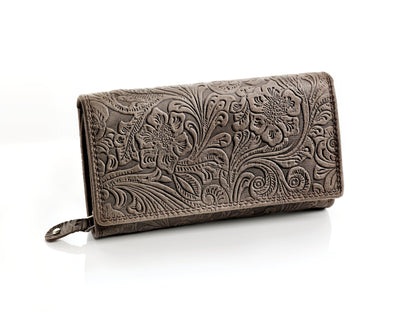 HJP Damengeldbörse Echtleder mit Rankenprägung (Farbe: taupe)