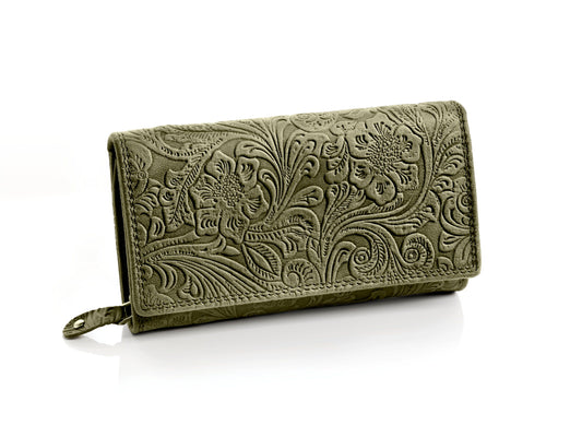HJP Damengeldbörse Echtleder mit Rankenprägung (Farbe: oliv)
