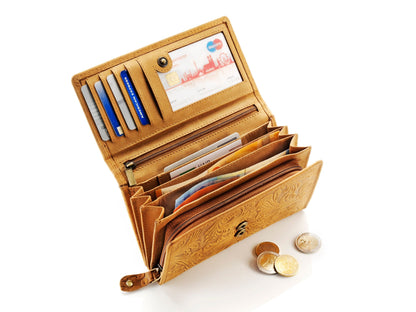 HJP Damengeldbörse Echtleder mit Rankenprägung (Farbe: oliv)