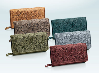 HJP Damengeldbörse Echtleder mit Rankenprägung (Farbe: oliv)